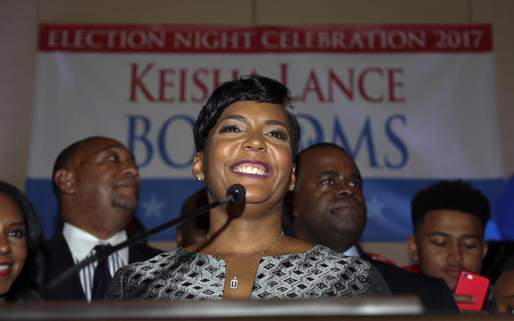 Atlanta mayoral candidate Keisha Lance Bottoms declares victory during an election-night watch party Wednesday, Dec. 6, 2017, in Atlanta.