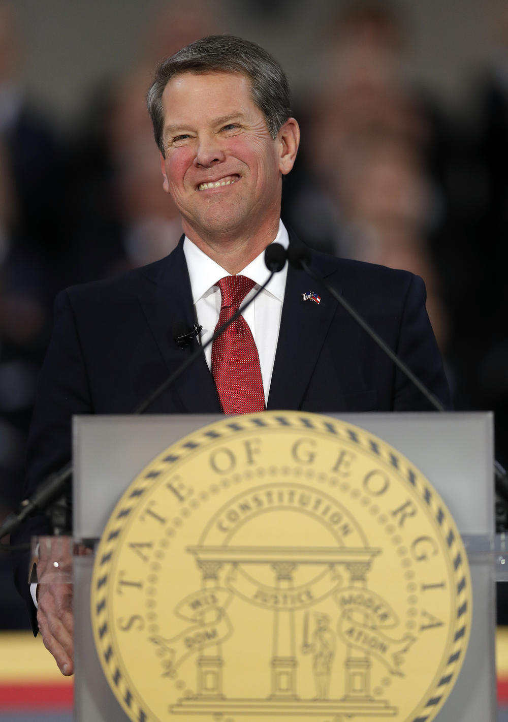 Gov. Brian Kemp speaks after being sworn in as Georgia's governor during a ceremony at Georgia Tech's McCamish Pavilion, Monday, Jan. 14, 2019, in Atlanta.