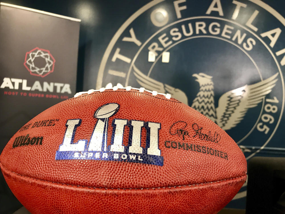 One of two footballs that flanked local, state and federal law enforcement officials at a Tuesday news conference about public safety at the upcoming Super Bowl 53 in Atlanta.