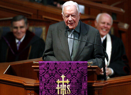 Former President Jimmy Carter speaks during a funeral service for former and former Georgia Gov. Zell Miller March 27. 2018, in Atlanta. 