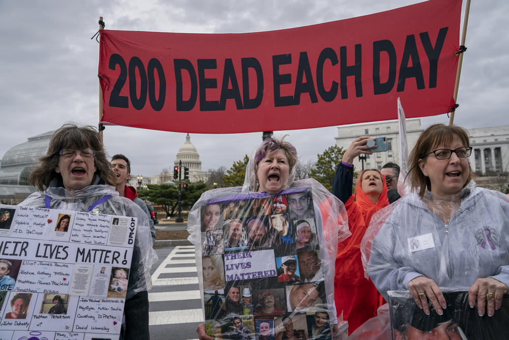 Demonstrators protest the Food and Drug Administration's policies related to pharmaceutical opioids at a rally in front of the Health and Human Services headquarters in Washington.