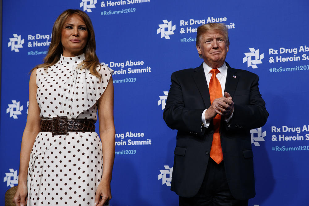 President Donald Trump and first lady Melania Trump arrive to speak at the "Rx Drug Abuse and Heroin Summit," Wednesday, April 24, 2019, in Atlanta.