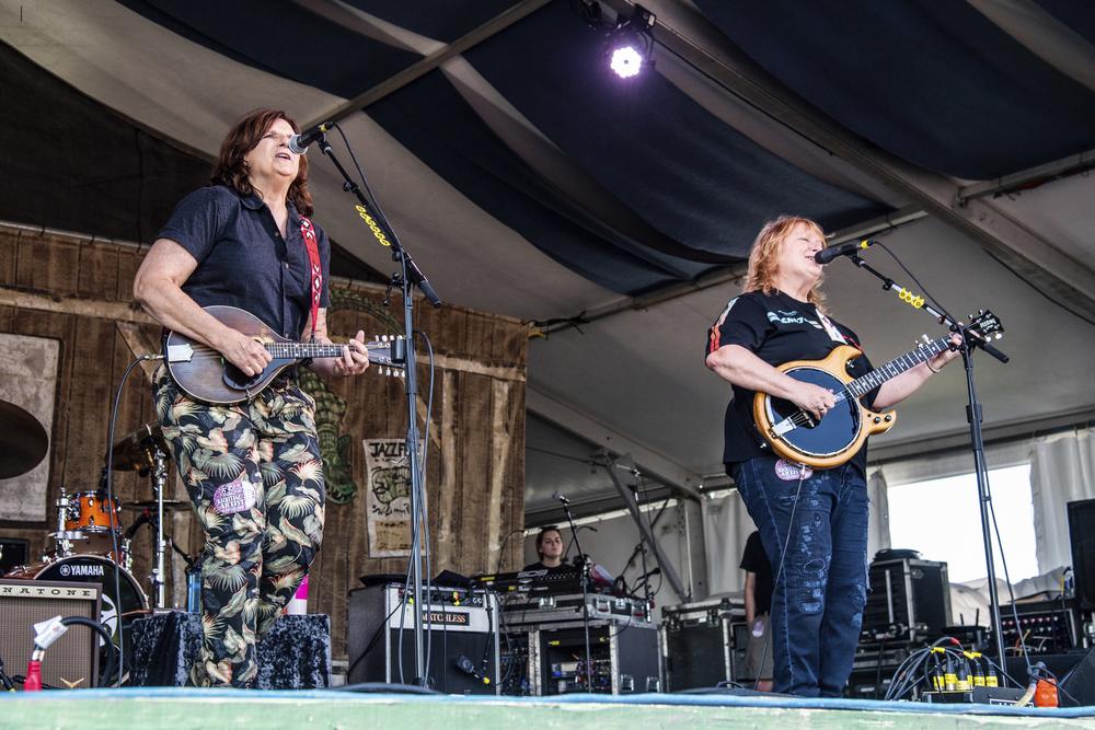 Amy Ray, left, and Emily Saliers of Indigo Girls perform at thNew Orleans Jazz and Heritage Festival in April 2019. Their recently streamed concert drew around 7,000 viewers on Facebook and Instagram live.