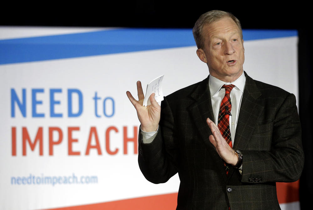 Democratic activist Tom Steyer speaks during a "Need to Impeach" town hall event in Agawam, Mass. There has been rising disagreement among congressional Democrats over whether to pursue impeachment of President Donald Trump.