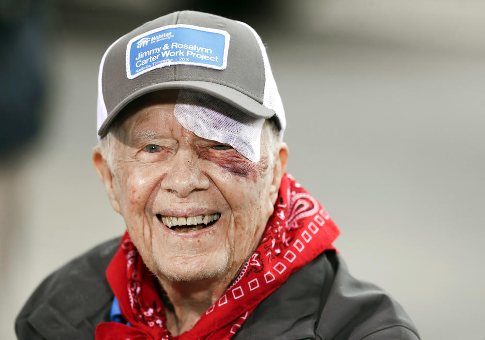 Former President Jimmy Carter answers questions during a news conference at a Habitat for Humanity project Monday, Oct. 7, 2019, in Nashville, Tenn. Carter fell at home on Sunday, requiring over a dozen stitches.