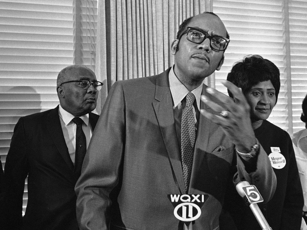 In this Oct. 20, 1969, file photo, Georgia state Sen. Leroy Johnson speaks for a group of Atlanta African American leaders in support of Vice Mayor Sam Massell at a City Hall news conference in Atlanta.