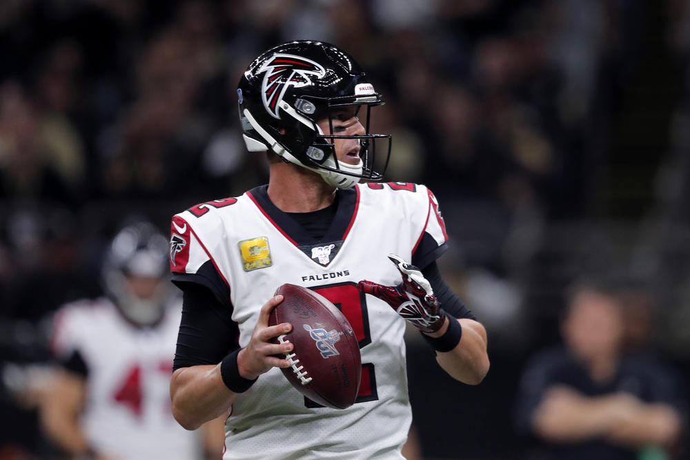 Atlanta Falcons quarterback Matt Ryan (2) drops back to pass in the first half of an NFL football game against the New Orleans Saints in New Orleans, Sunday, Nov. 10, 2019.