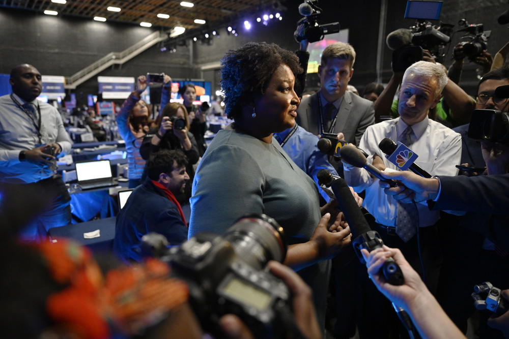 Former Democratic candidate for Georgia Governor, Stacey Abrams speaks during an interview ahead of a Democratic presidential primary debate, Wednesday, Nov. 20, 2019, in Atlanta.