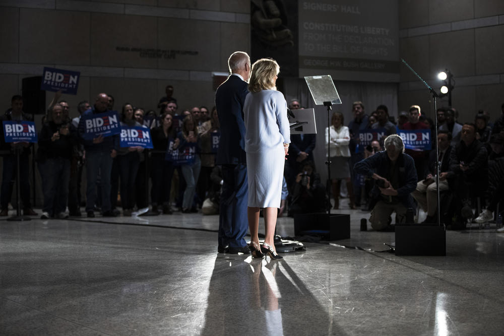 Democratic presidential candidate former Vice President Joe Biden, accompanied by his wife Jill, speaks to members of the press at the National Constitution Center in Philadelphia, Tuesday, March 10, 2020. 