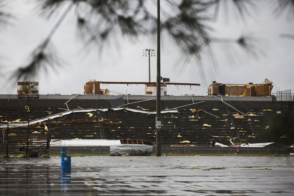 The grandstand of a drag strip damaged by the storm that hit Adel and Cook County Georgia Saturday, Jan. 21.