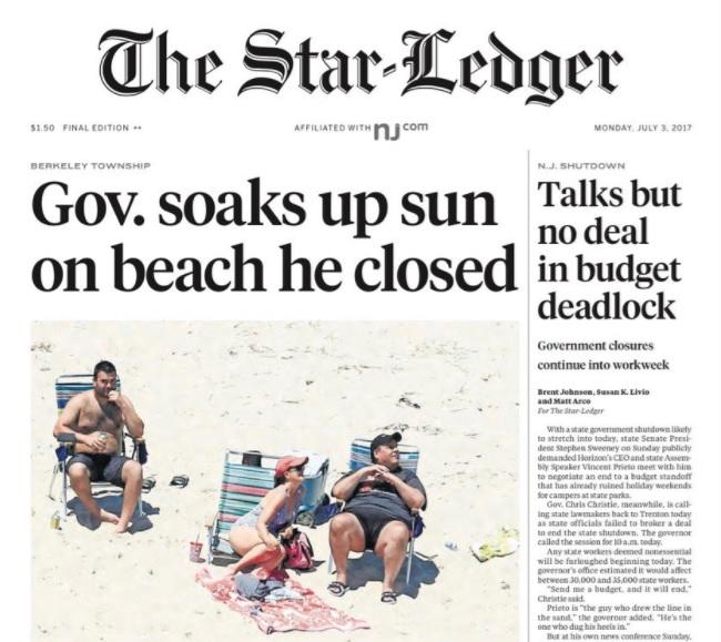 The New Jersey Star-Ledger took aerial photos of New Jersey Gov. Chris Christie and his family at Island Beach State Park, where there's a governor's residence. Beaches were closed, due to no budget. Is Christie's political career toast?