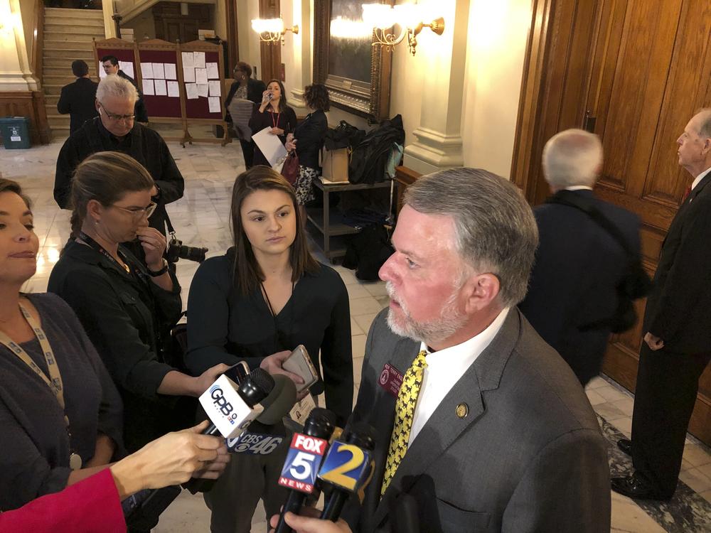 House Appropriations Committee Chairman Terry England speaks to reporters Tuesday, Feb. 18, 2020, at the Georgia Capitol in Atlanta, after his committee passed an amended midyear budget.
