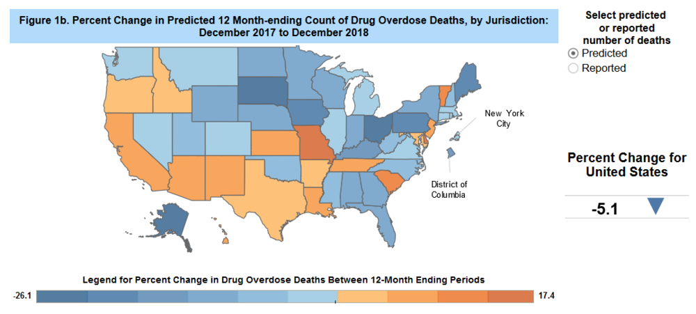 Preliminary data from the Centers for Disease Control and Prevention show overdose deaths fell 5% in 2018.