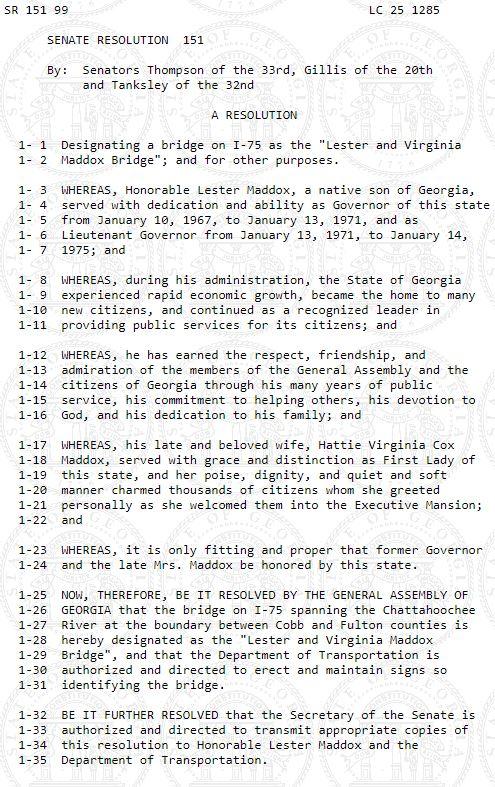 Senate Resolution 151, which designates a bridge on I-75 as the 