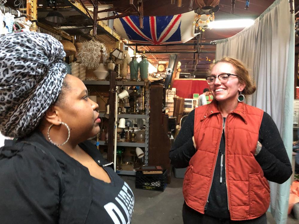 Kalena Boller meets with Samita Wolfe at Film Biz Recycling in Savannah, Georgia.