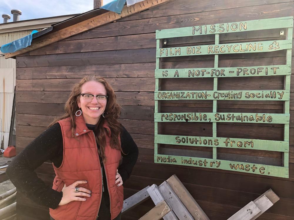 Samita Wolfe poses outside of Film Biz Recycling in Savannah, Georgia.