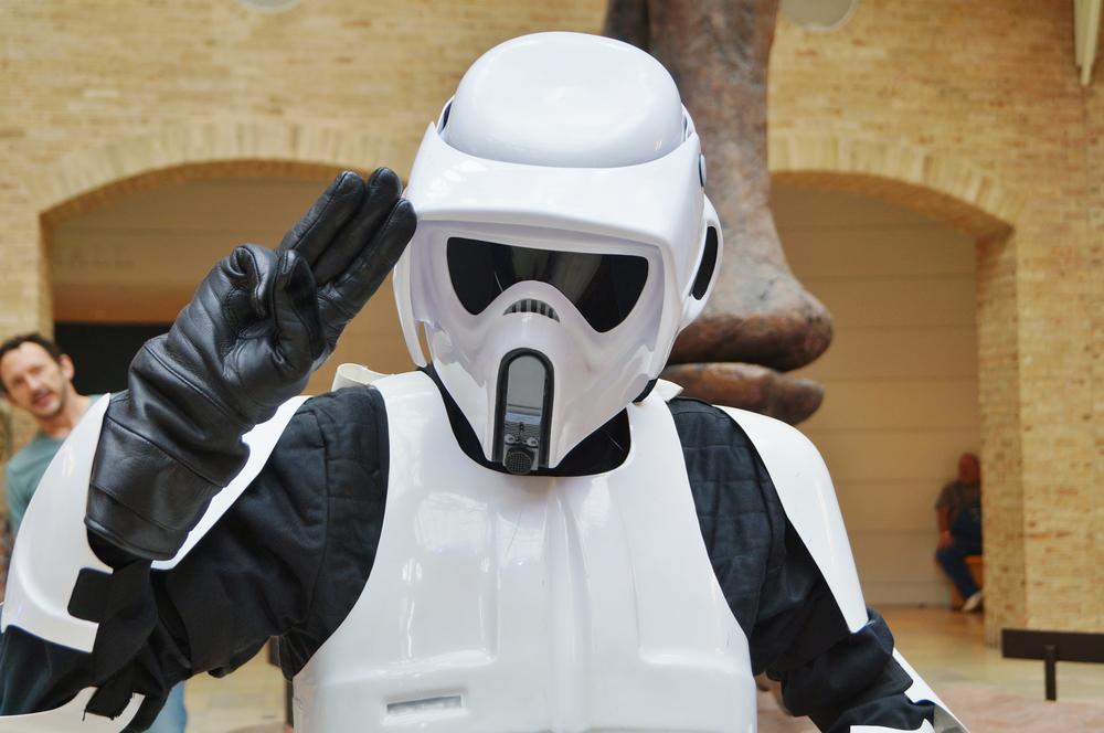 A person in a Stormtrooper costume posed for a picture.