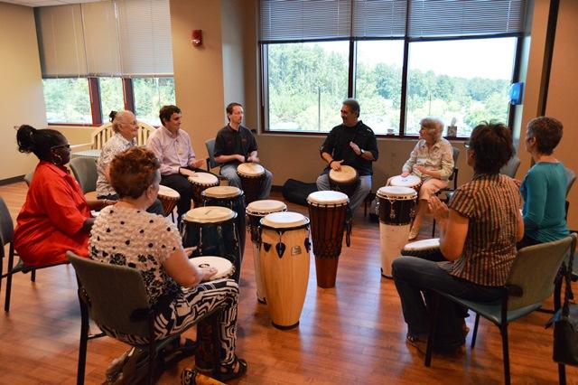 The drumming circle meets every Wednesday afternoon at Piedmont Fayette Hospital.