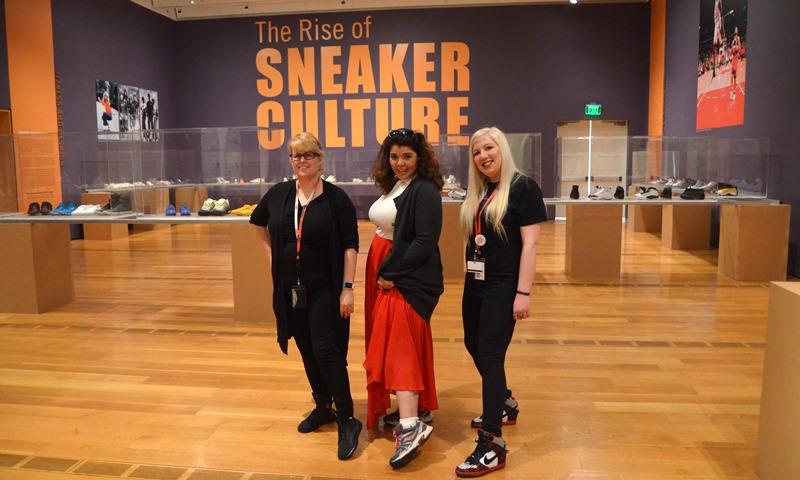 (From left to right) High Museum curator  Sarah Schleuning, host Celeste Headlee, and sneakerhead Layla Turner shows off their favorite sneakers at the High Museum of Art's 