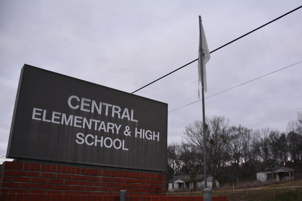 A row of homes, some of them empty, sits across from Talbot County Schools' single campus.