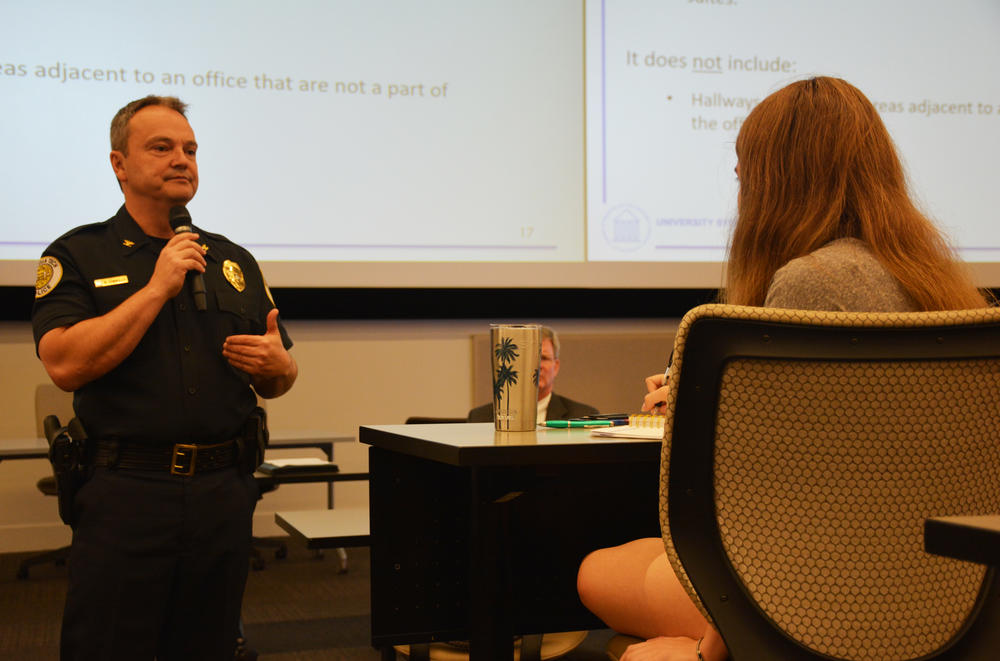 Georgia Tech Police Department Chief Robert Connolly answers a student's question about the 'campus carry' law.