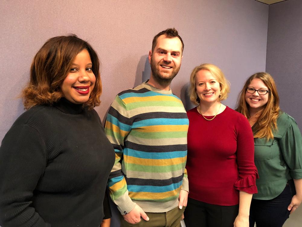 (l to r):  Brittany Manson, Matthew Terrell, guest host Rickey Bevington, and Victoria Elizabeth