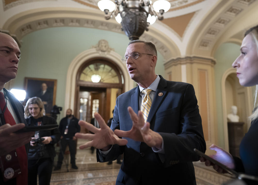 Rep. Doug Collins, the ranking member of the House Judiciary Committee, speaks to reporters outside the Senate as defense arguments by the Republicans resume in the impeachment trial of President Donald Trump in Washington on Monday, Jan. 27, 2020.