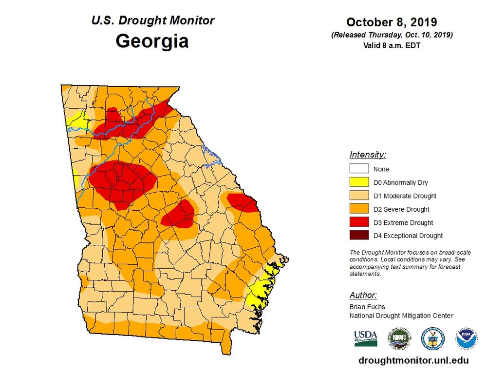 The drought monitor report for the Week of Oct. 8 shows pockets of 'extreme drought' in areas north and south of Atlanta, in central Georgia and near the South Carolina border.