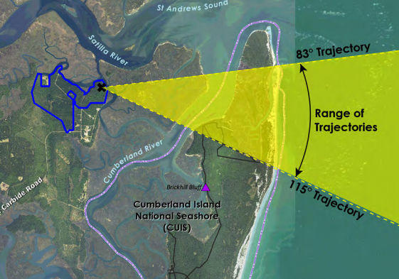 Proposed launch path for rockets launched at Spaceport Camden (per FAA)