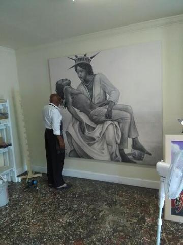 Artist Gilbert Young working on "Liberty," a centerpiece in his "Masterworks: As I See It" collection