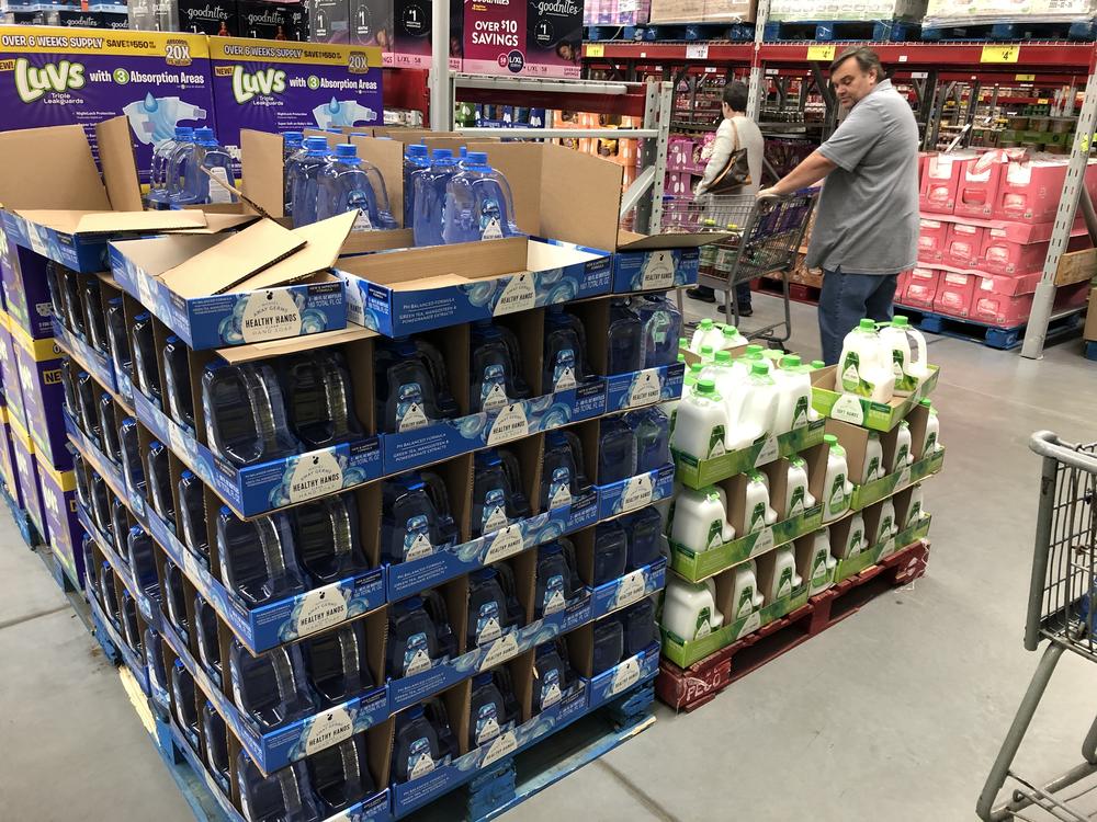 A shopper looks at soap for sale in a Sam's Club wholesale store in Woodstock Wednesday, March 4, 2020.