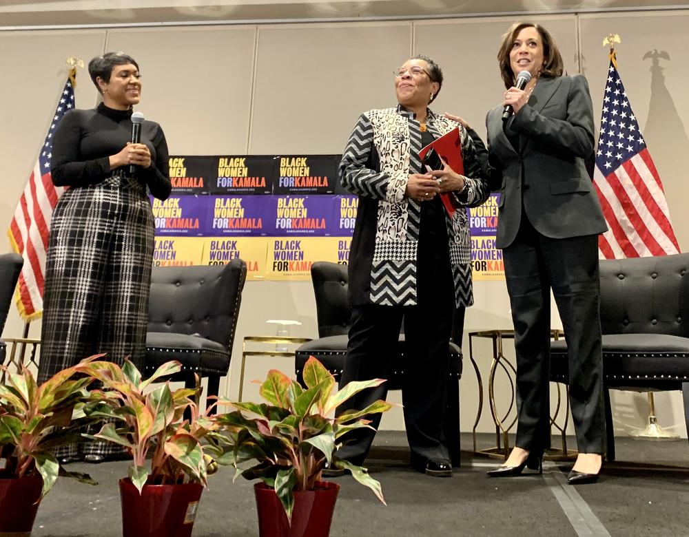 Tiffany Cross, U.S. Rep. Marcia Fudge (D-OH) and Democratic presidential candidate Kamala Harris greet the crowd at a breakfast in Atlanta.