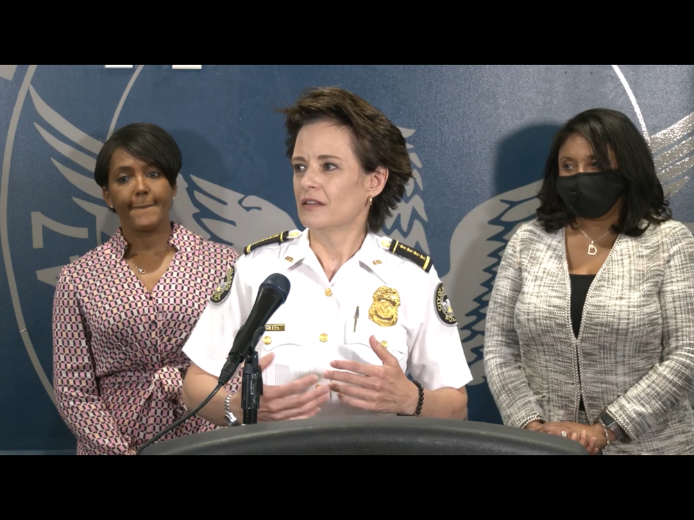 Atlanta police chief Erika Shields answers questions about out-of-state protestors being involved in the city's protests during a press conference on May 31. 