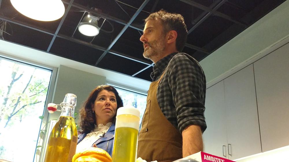 Host Celeste Headlee talks with Atlanta chef Steven Satterfield as he prepares to make some dishes using peanut oil.