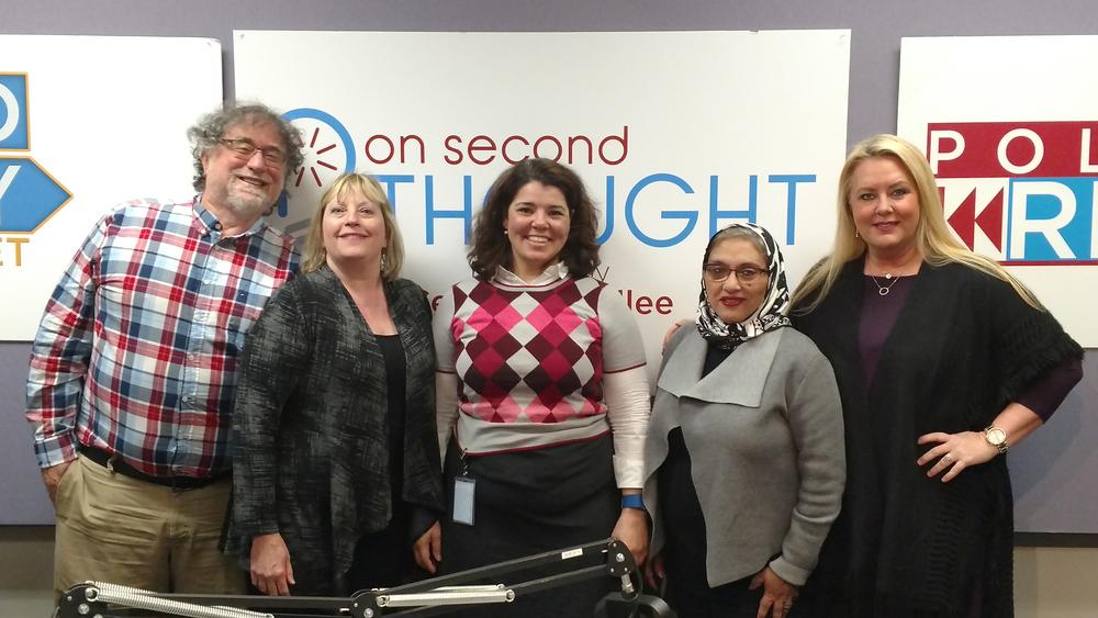 The Breakroom this week included (l to r): environmental blogger Ken Edelstein, former NPR correspondent Kathy Lohr, host Celeste Headlee, Soumaya Khalifa of the Islamic Speakers Bureau of Atlanta, and Republican strategist Julianne Thompson.