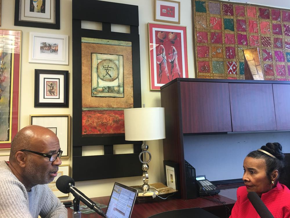 Host Tony Harris speaks with Clayton at her office in Atlanta, Georgia. 