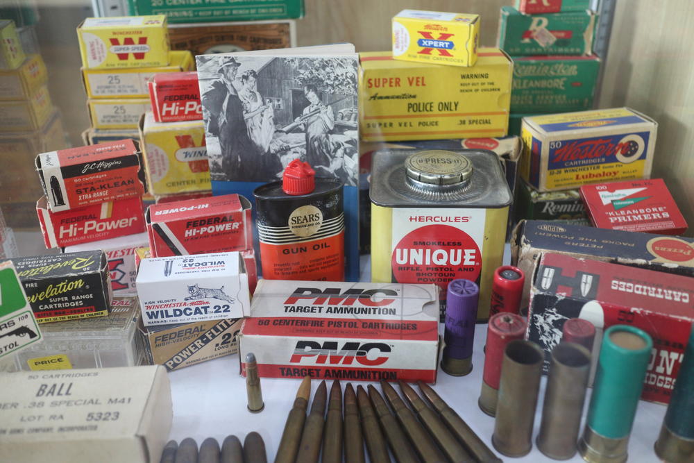 Ammunition on display on a counter at Atlanta Range and Ordnance in Newnan, Georgia.
