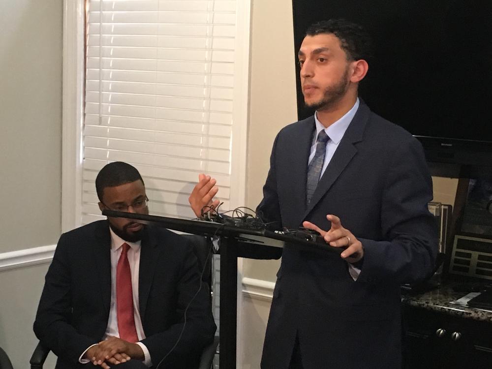 Edward Ahmed Mitchell (left) and Ibrahim Awad speak on behalf of the family of Shukri Said, who was shot and killed Saturday by Johns Creek police officers.