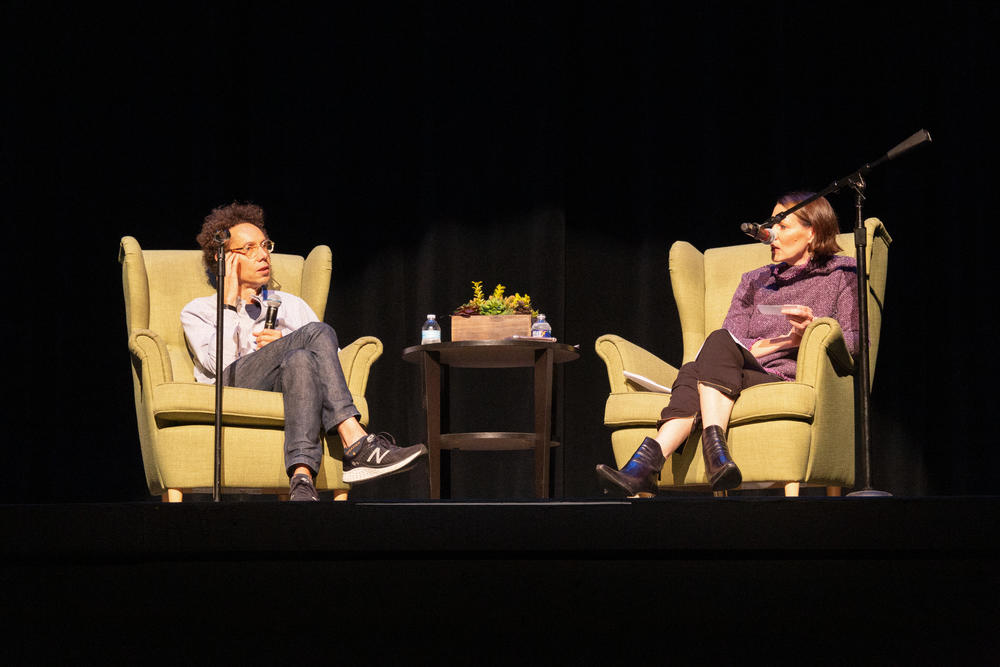 Malcolm Gladwell speaks to On Second Thought host Virginia Prescott at the Ferst Center for the Arts at Georgia Tech on Oct. 10.