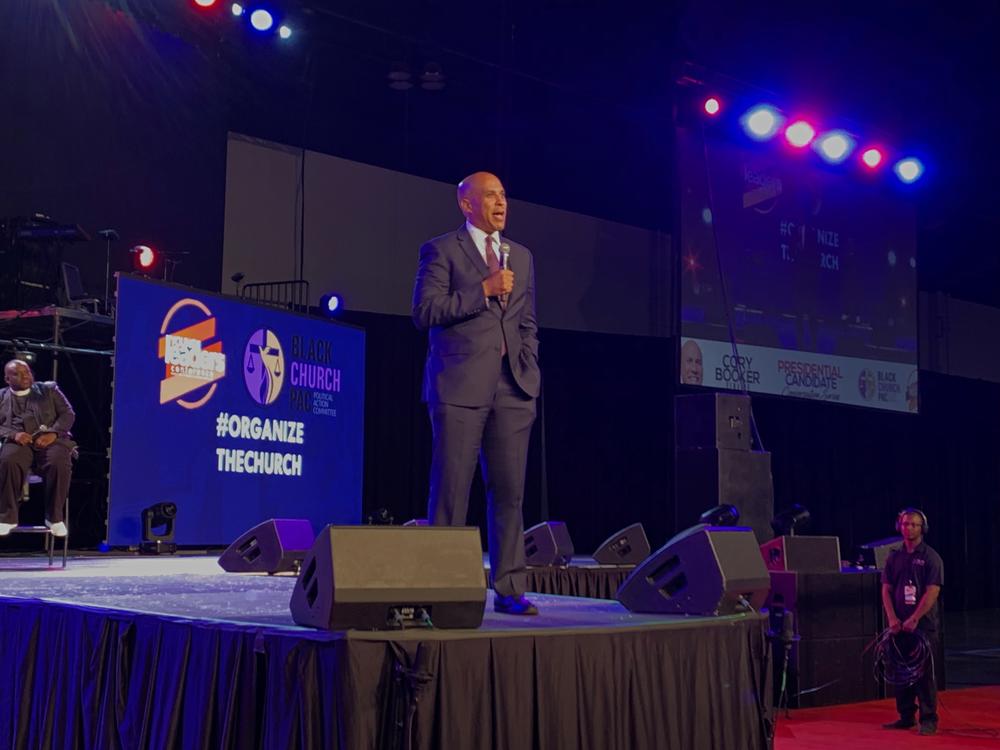 New Jersey Sen. Cory Booker delivers remarks at the Black Church PAC presidential candidate forum held during the Young Leaders Conference in Atlanta on Aug. 16, 2019.