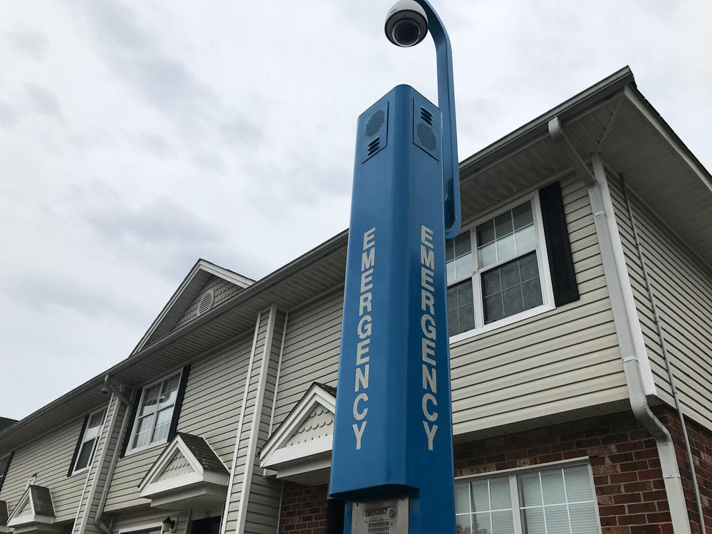 A security camera and emergency call station at a student housing complex on Savannah State's campus, the scene of a fatal shooting in February.