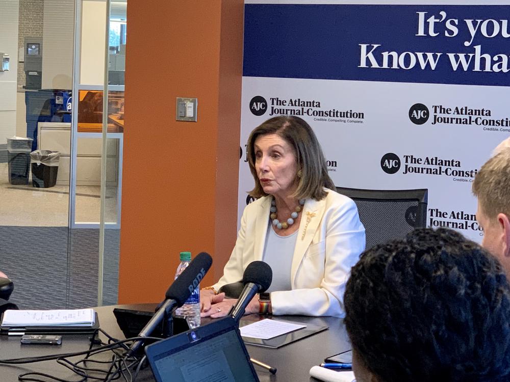 House Speaker Nancy Pelosi speaking with reporters in Atlanta on Friday, Oct. 5.