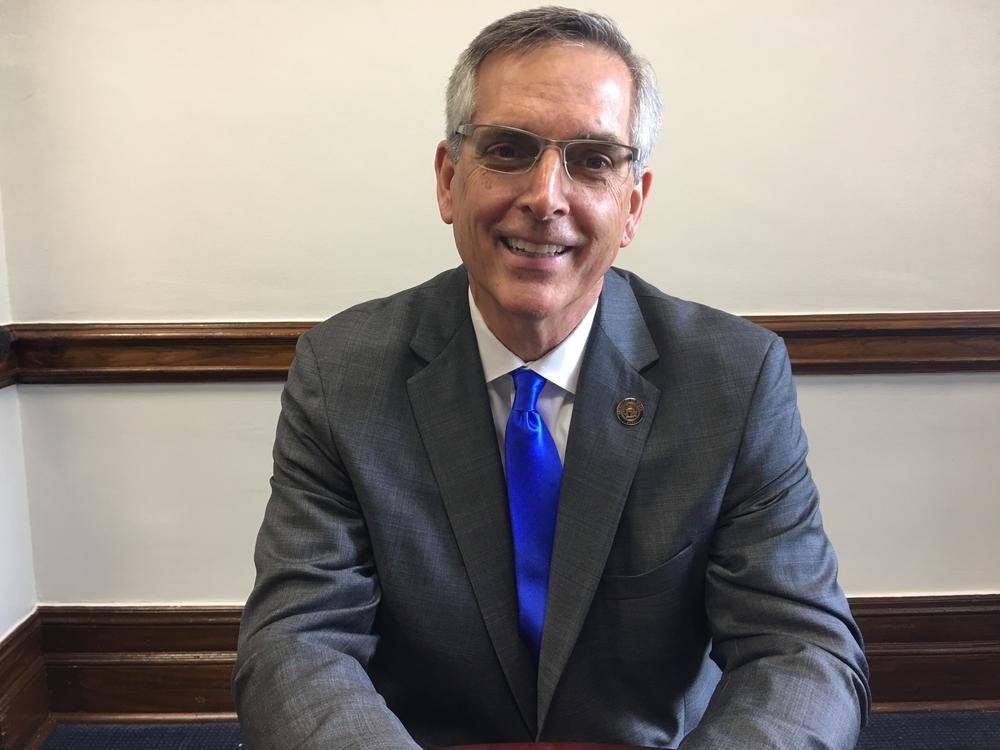 Georgia Secretary of State Brad Raffensperger sits in his office Tues. July 30, 2019.