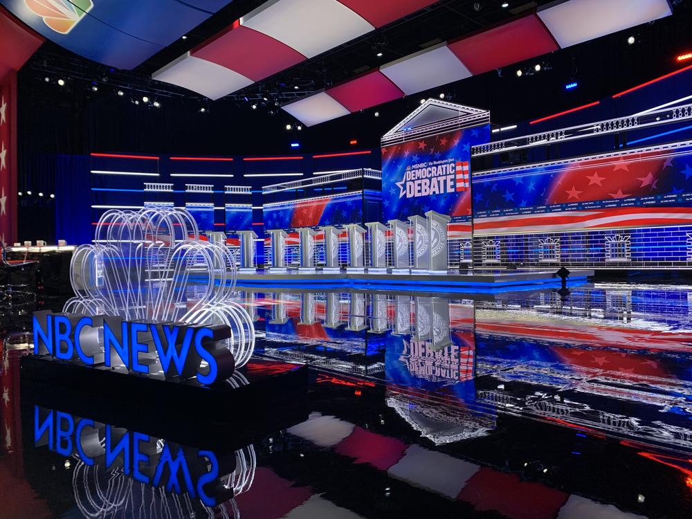 The debate stage for the Democratic presidential primary debate at Tyler Perry Studios in Atlanta, Georgia.