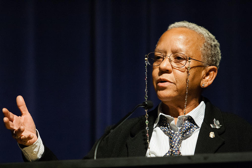Nikki Giovanni speaking at Emory University in 2008. She returns to Emory for a free reading this weekend, at 4 p.m. on Saturday, Feb. 22.