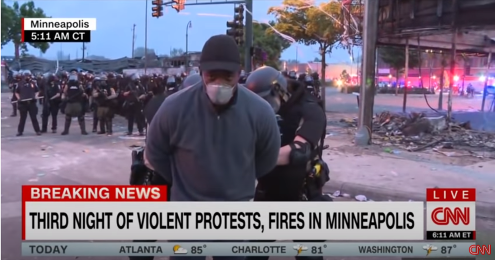 This image from video posted on YouTube Friday, May 29, 2020, purports to show the arrest of CNN journalist Omar Jimenez.