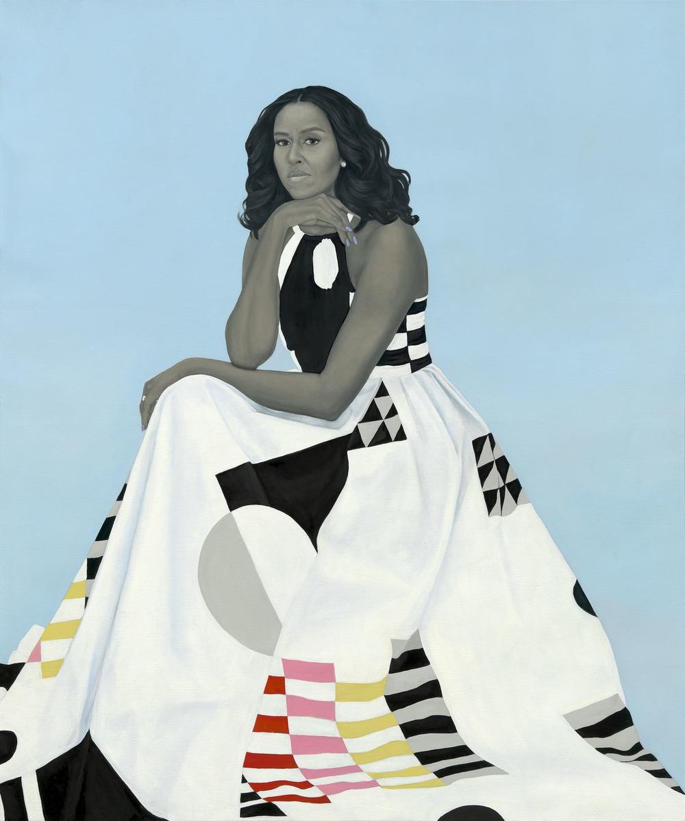 Amy Sherald was inspired by Piet Mondrian and the quilters of Gee's Bend when she painted former first lady, Michelle Obama.