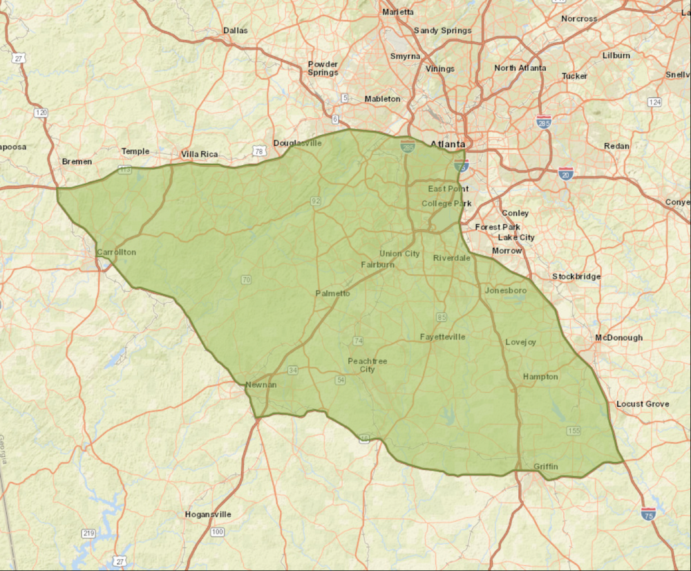 A map by the General Services Administration describing where in metro Atlanta Health and Human Services would like to put a shelter for unaccompanied child migrants. 