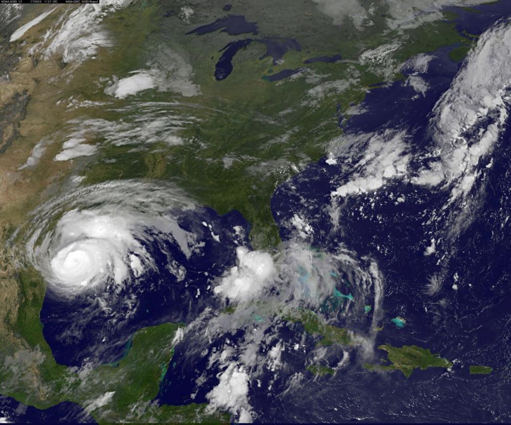 Hurricane Harvey approaches the Texas Gulf coast in this NOAA GOES East Satellite image taken on Aug. 25. 