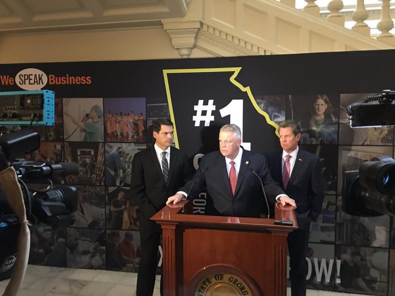 Lt. Gov. Geoff Duncan, House Speaker David Ralston and Gov. Brian Kemp speak during a press conference Monday, March 25, 2019 at the State Capitol.